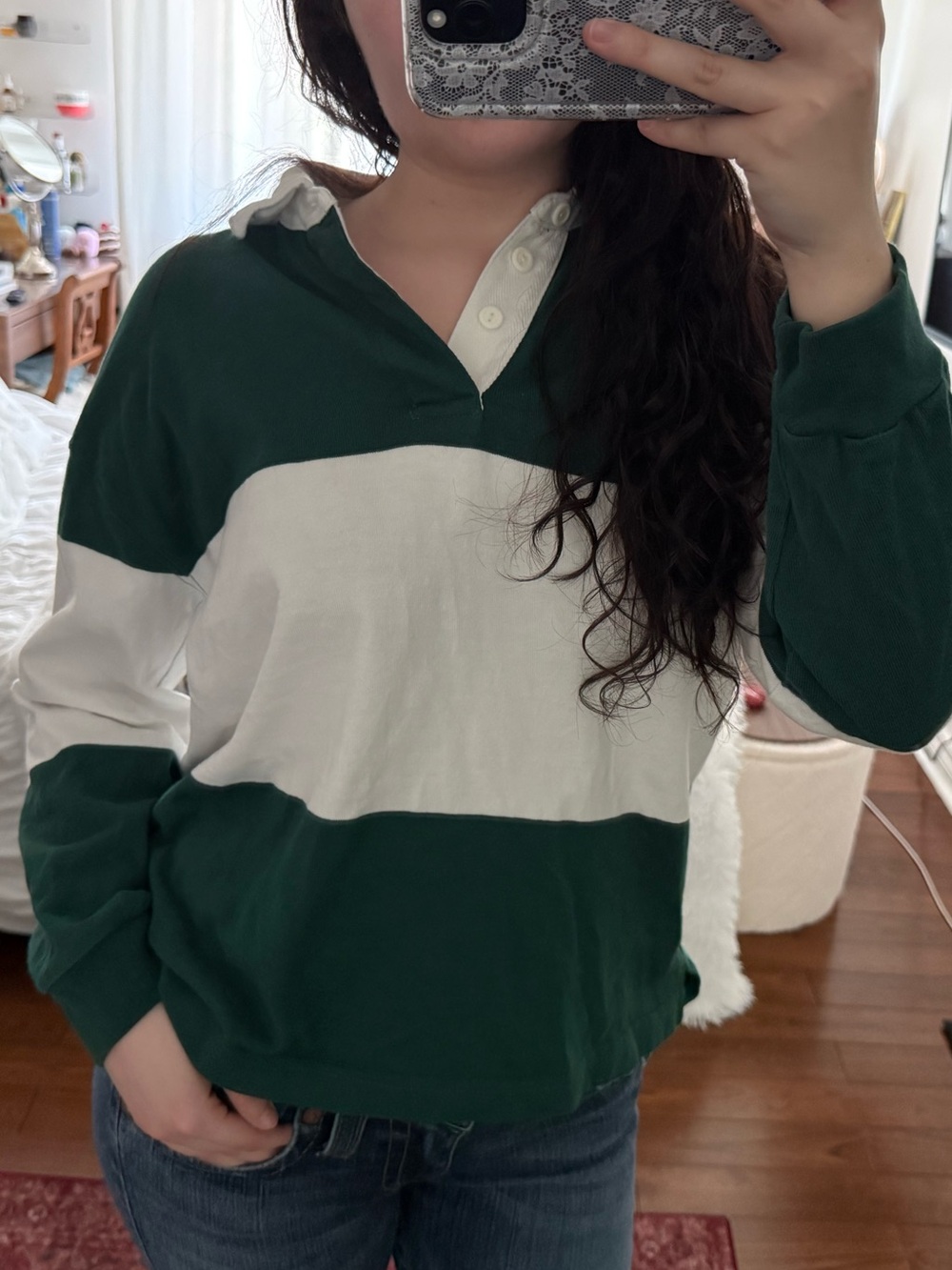 GAP Green and White Striped Rugby Pullover